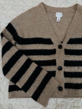 H&M Tan and Black Striped V-Neck Button Cardigan